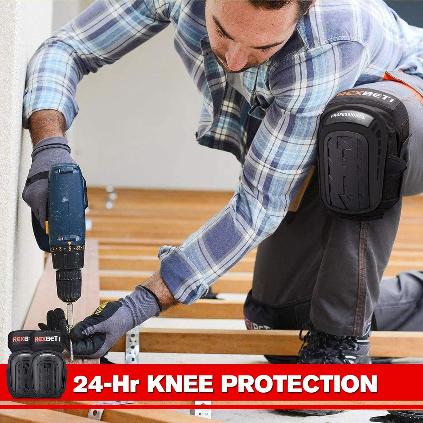 REXBETI Knee Pads for Work, Construction Knee Pads for Men, Heavy Duty Comfortable Anti-slip Foam Gel Knee Pads for Gardening Flooring and Cleaning, Strong Stretchable Straps, Orange