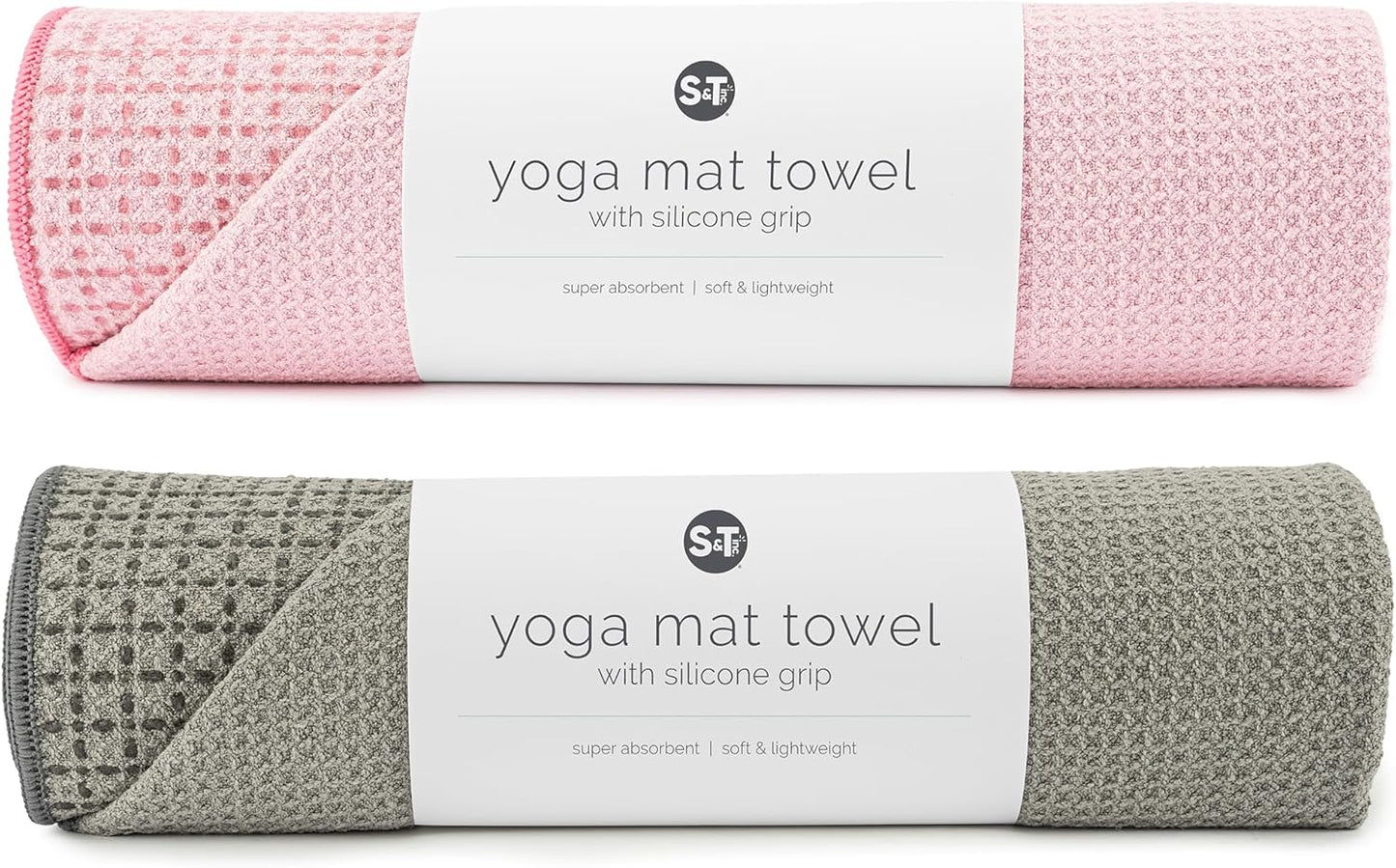 S&T INC. Aura Yoga Mat Towel with Non-Slip Grip, Enhanced Silicone Grip, Soft and Absorbent for Gym, Pilates, and Hot Yoga Mat, 2 Pack, 24 inches x 72 inches, 340GSM, Pink