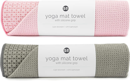 S&T INC. Aura Yoga Mat Towel with Non-Slip Grip, Enhanced Silicone Grip, Soft and Absorbent for Gym, Pilates, and Hot Yoga Mat, 2 Pack, 24 inches x 72 inches, 340GSM, Pink