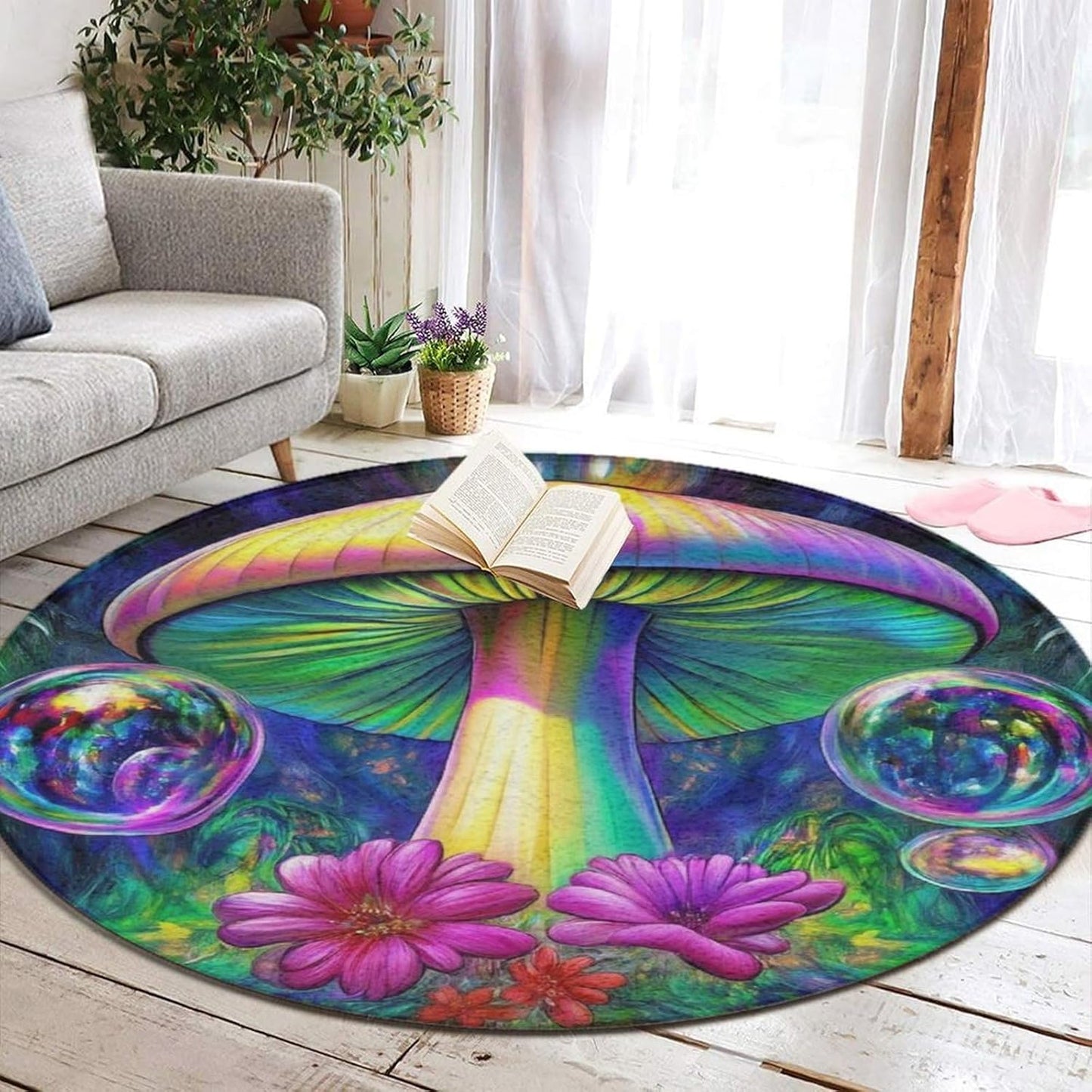 Machine Washable Modern Round Area Rug, Room Sofa Yoga Soft Round Carpet, Home Decor Non Slip Kitchen Office Circle Rug Trippy Rainbow Mushroom Tie Dye Art, 60inch