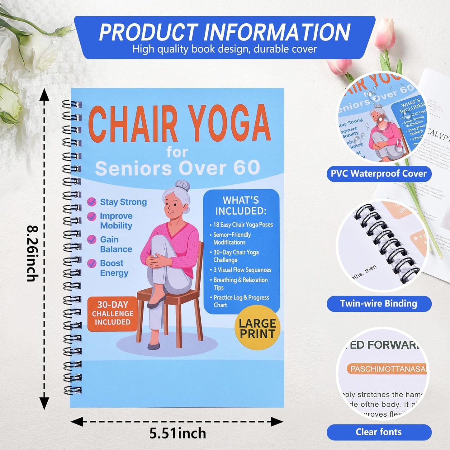 Chair Yoga for Seniors Over 60 Book & Chart – 30-Day Challenge, Gentle Seated Yoga Guide, Chair Yoga for Weight Loss & Flexibility, Senior Chair Exercises for Women & Men，Top Choice for Family Gifts (Purple)