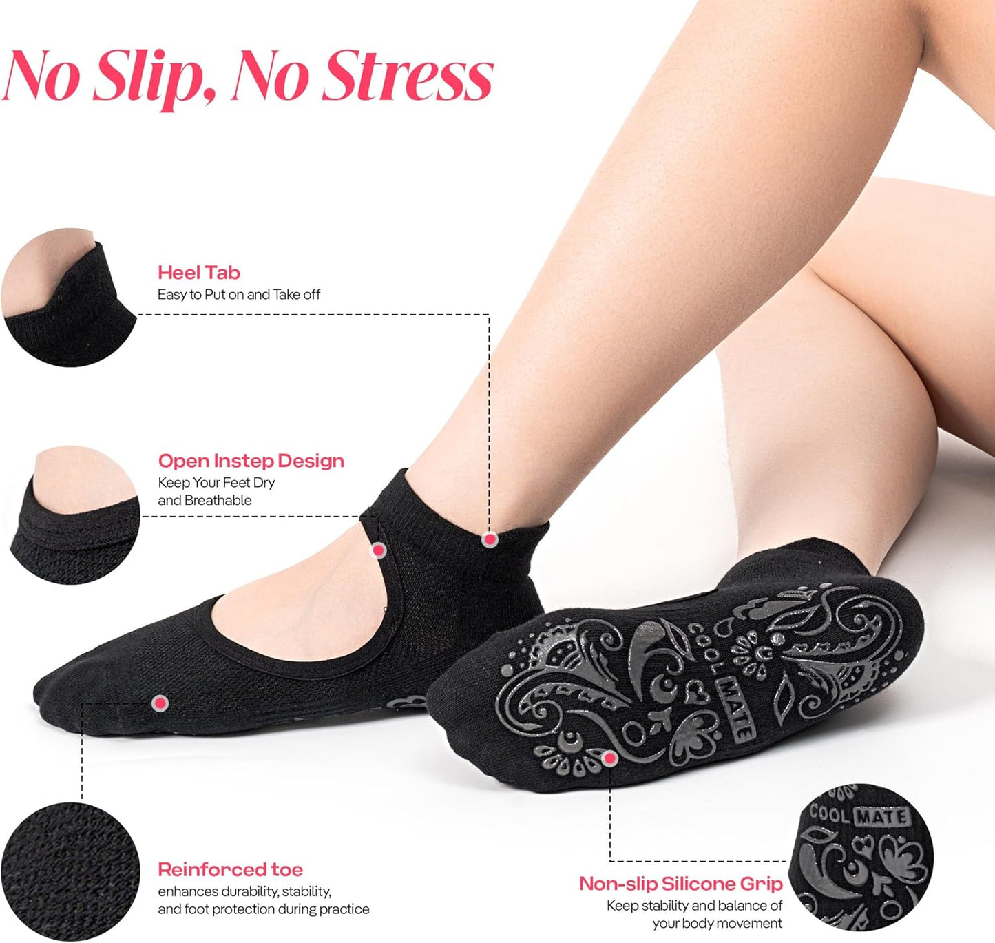 COOLMATE Pilates Socks with Grips for Women, Yoga Socks, Crew Non Slip Women for Barre, Pilates Gifts for Women - Colors A