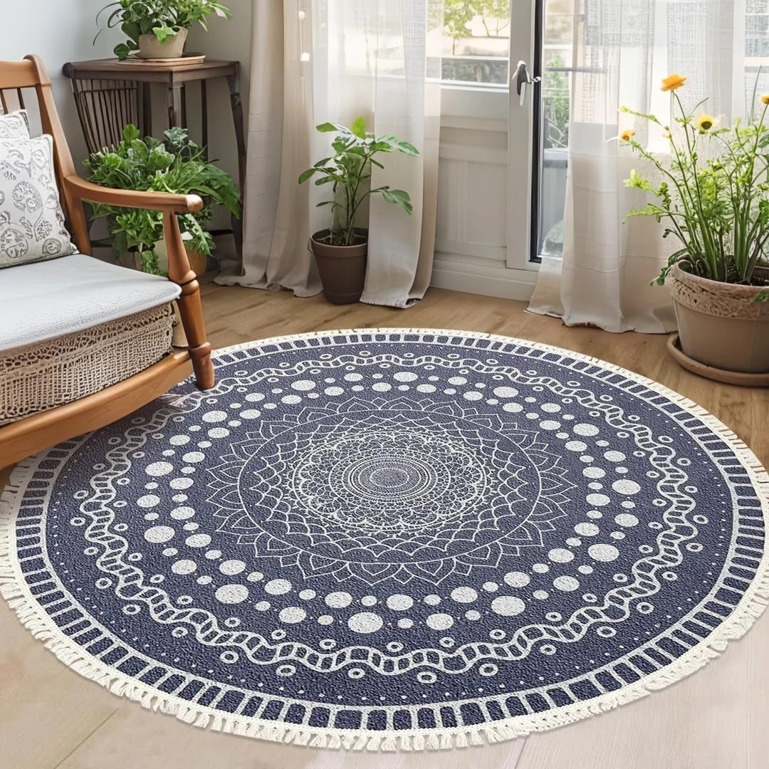 Boho Rug 5Ft Round Bedroom Carpet Circle Nonslip Farmhouse Area Rug Rustic Mandala Floor Mat for Living Room Locker Room Tassel Yoga Throw Rugs Washable Doormat, Purple