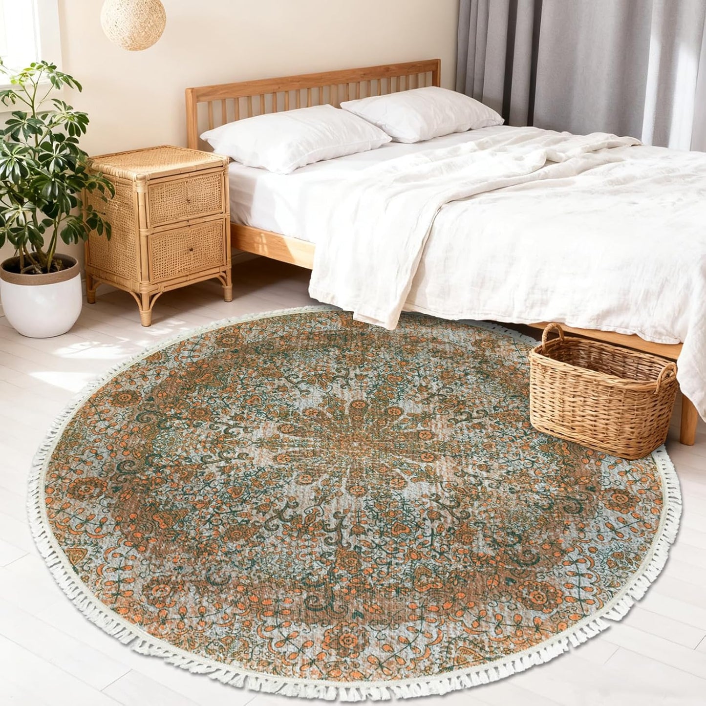 Boho Rug 5Ft Round Bedroom Carpet Circle Nonslip Farmhouse Area Rug Rustic Mandala Floor Mat for Living Room Locker Room Tassel Yoga Throw Rugs Washable Doormat, Purple