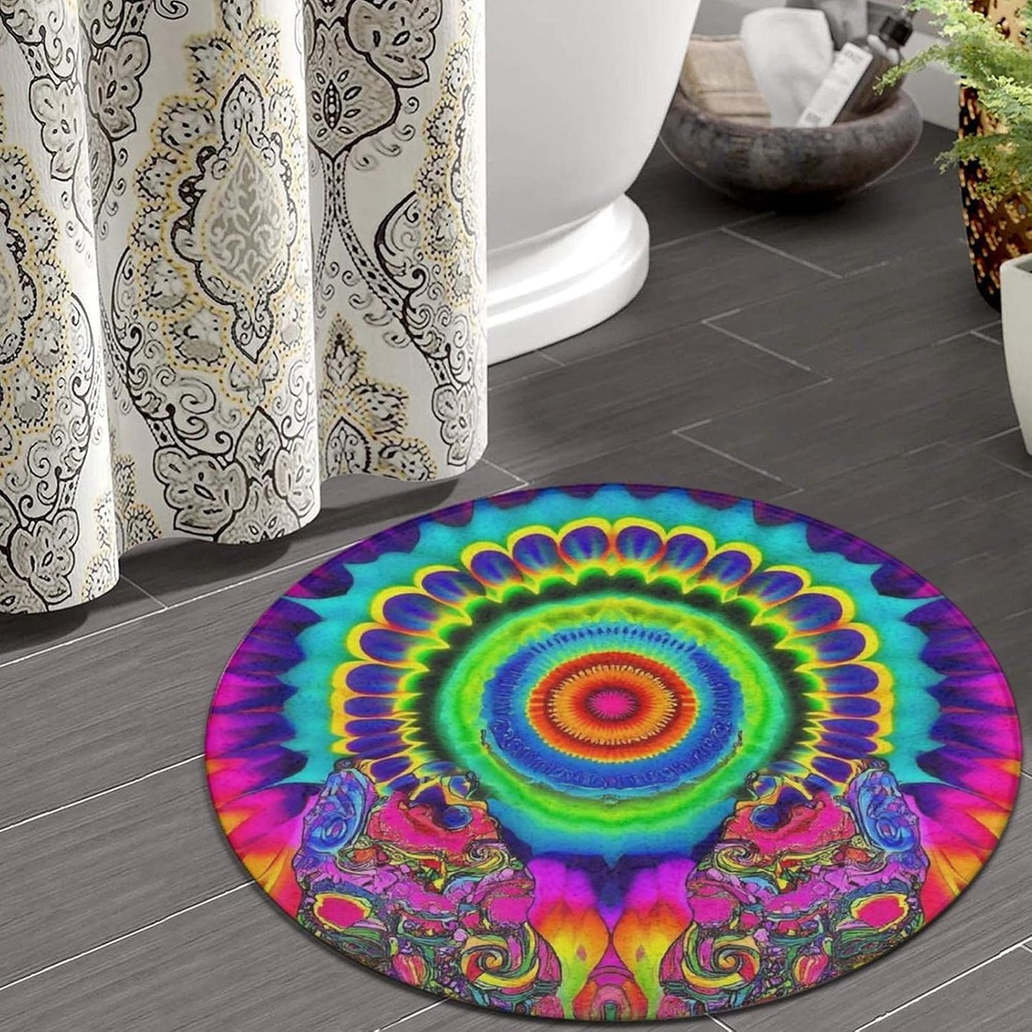 Machine Washable Modern Round Area Rug, Room Sofa Yoga Soft Round Carpet, Home Decor Non Slip Kitchen Office Circle Rug Trippy Rainbow Mushroom Tie Dye Art, 60inch