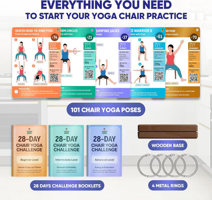 [100+ BIG CARDS] Chair Yoga for Seniors Over 60 - Chair Yoga Cards with Step-by-step Guides Full HD Videos, 28 Days Challenge for 3 Levels, Bonus 4 Rings & Wooden Base, Chair Exercises for Senior