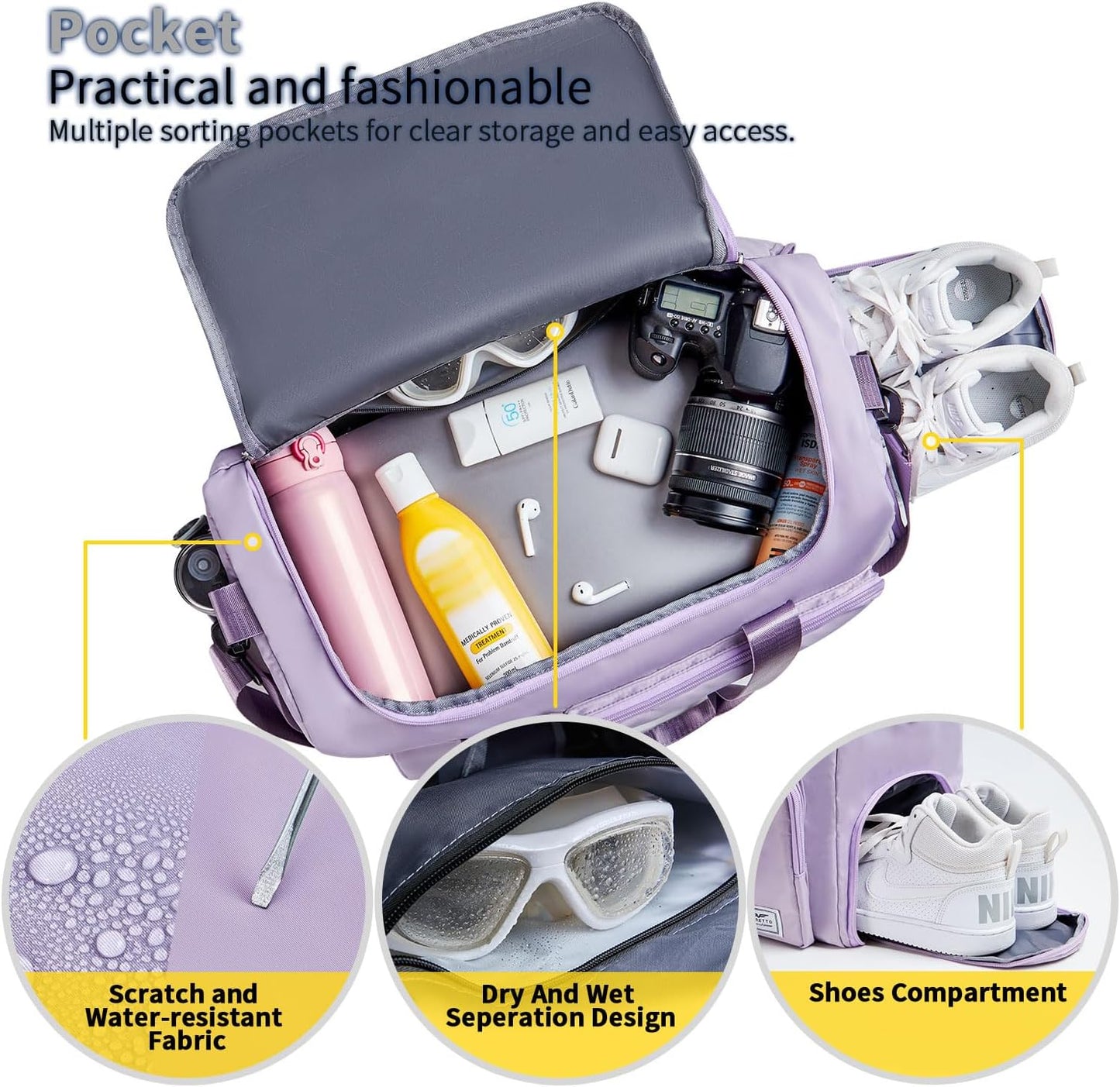 FIORETTO Women's Gym Duffle Bag with Shoes Compartment, 30L Capacity, Ideal for Travel, Gym, Sports, Duffel, Weekender