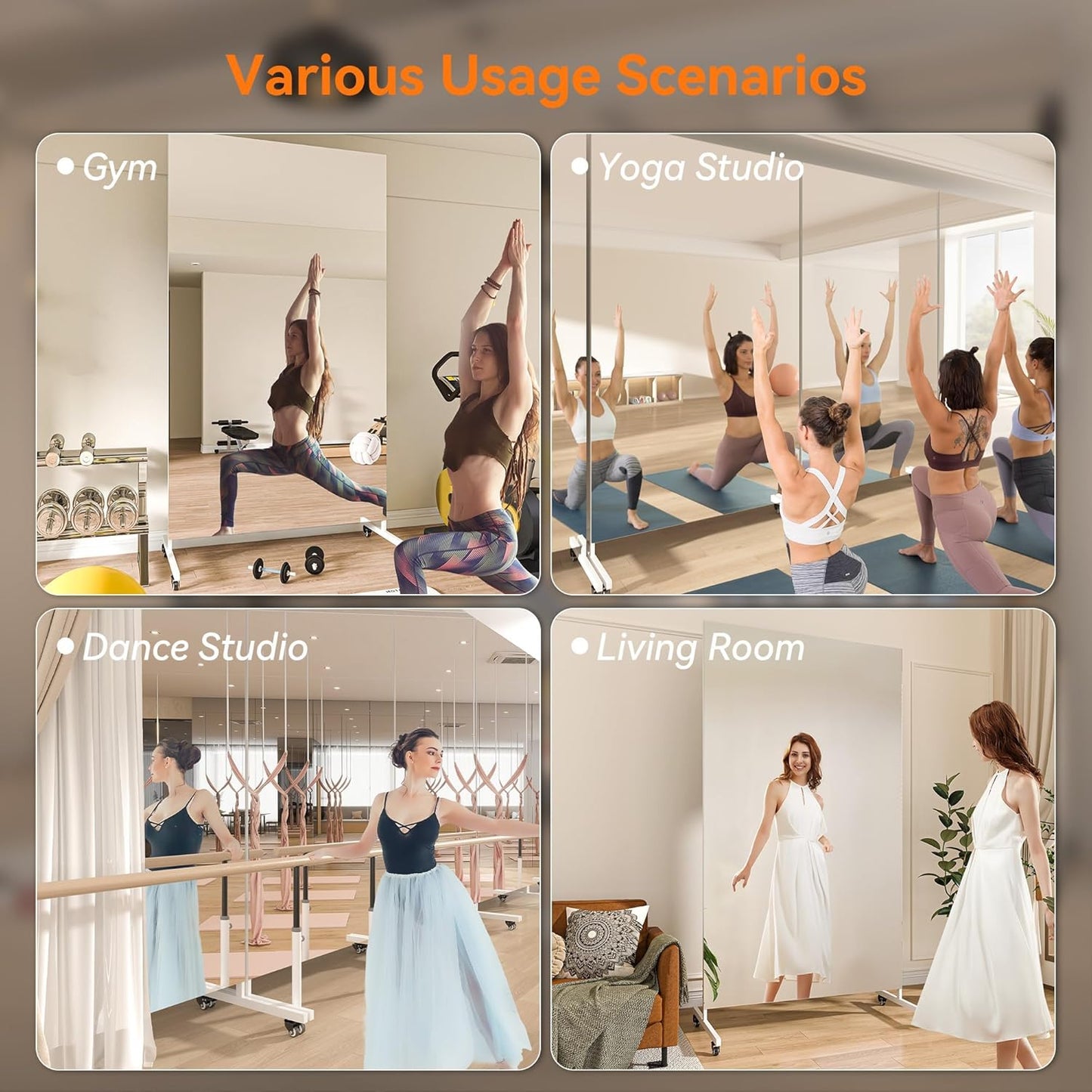 Hasipu Home Gym Mirror with Light 360° Swivel on Wheels, 79" x 32" Extra Large Full Length Rolling LED Mirror for Yoga Studio, Bedroom, Dancing Studio, White
