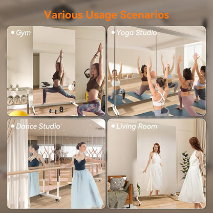 Hasipu Home Gym Mirror with Light 360° Swivel on Wheels, 79" x 32" Extra Large Full Length Rolling LED Mirror for Yoga Studio, Bedroom, Dancing Studio, White