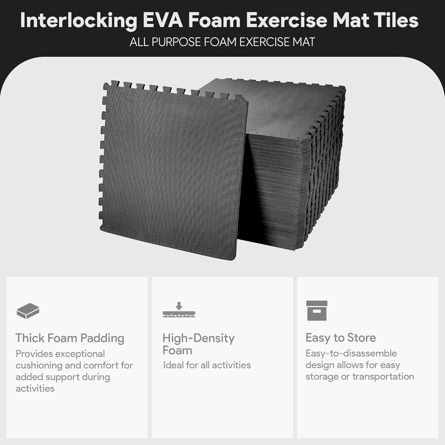 BalanceFrom Puzzle Exercise Mat 1" Thick, EVA Interlocking Foam Floor Tiles for Home Gym, Mat for Home Workout Equipment, Floor Padding for Kids, Black, 24 in x 24 in x 1 in, 24 Sq Ft - 6 Tiles