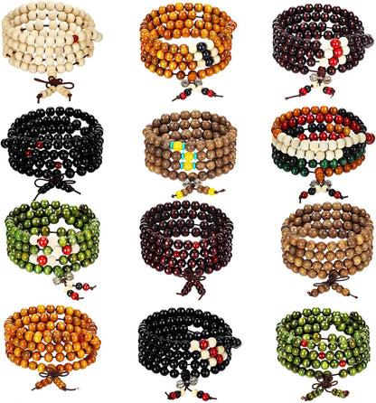 24 Pcs 108 Mala Bead 8mm Meditation Bracelet for Men Tibetan Buddha Link Retractable Wood Beaded Multilayer Sandalwood Wood Bracelets Buddhist Prayer Strand Prayer Gift for Meditation Lovers