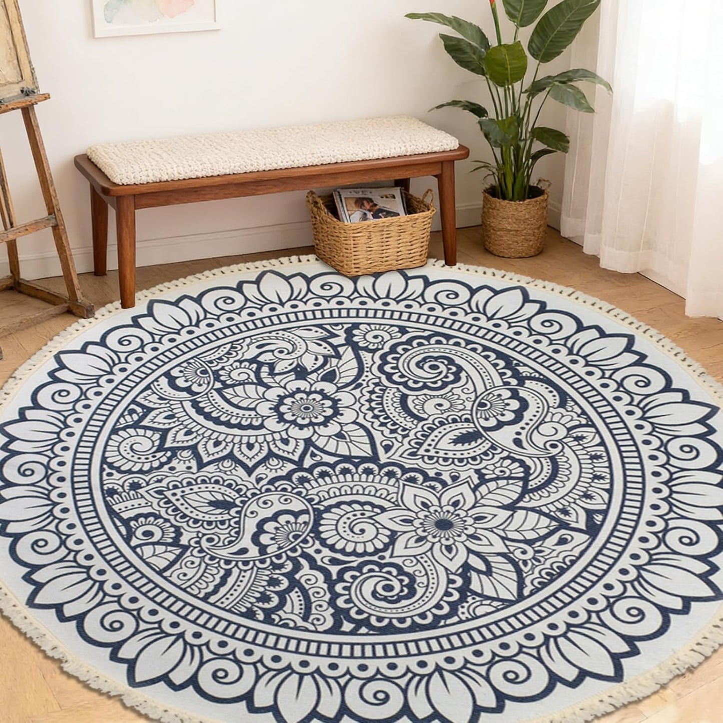Boho Rug 5Ft Round Bedroom Carpet Circle Nonslip Farmhouse Area Rug Rustic Mandala Floor Mat for Living Room Locker Room Tassel Yoga Throw Rugs Washable Doormat, Purple