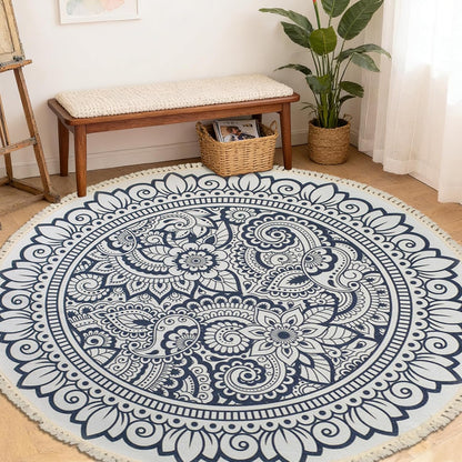 Boho Rug 5Ft Round Bedroom Carpet Circle Nonslip Farmhouse Area Rug Rustic Mandala Floor Mat for Living Room Locker Room Tassel Yoga Throw Rugs Washable Doormat, Purple