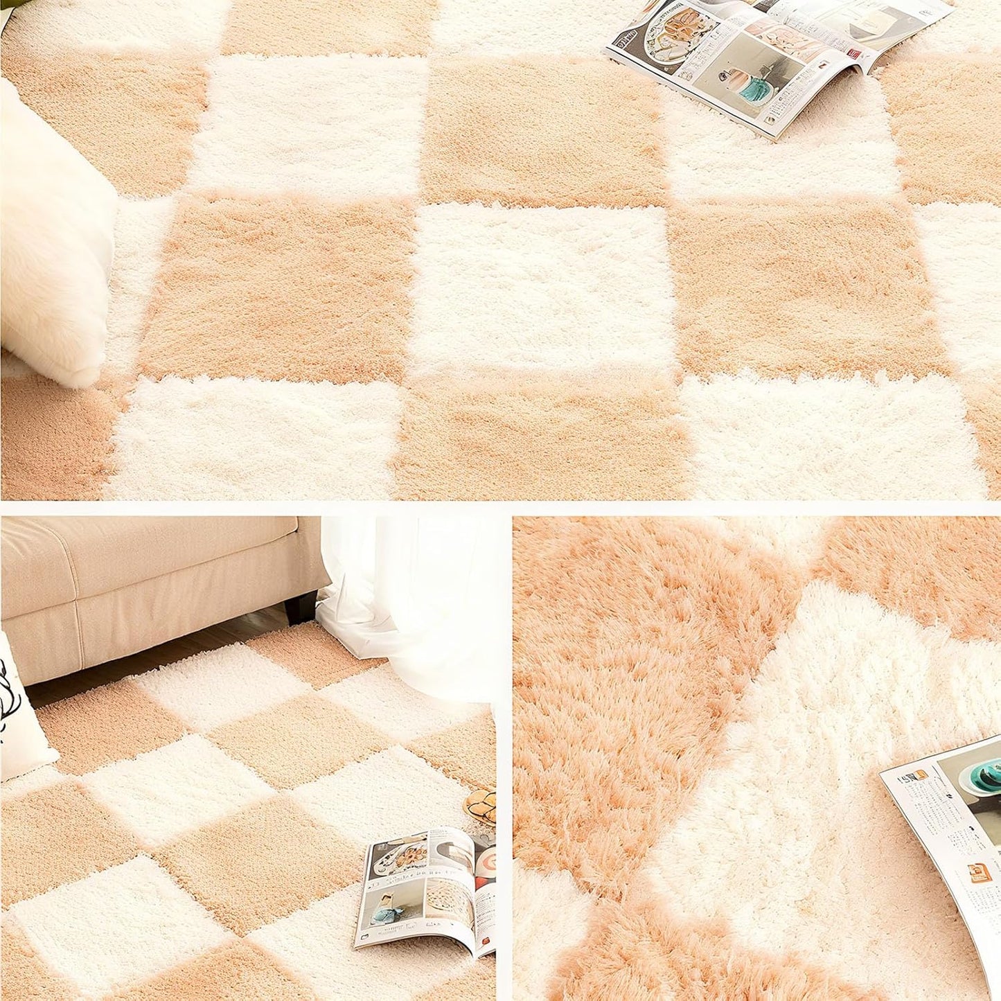 Thickened Plush Foam Interlocking Floor Carpet Mat, 24 Piece 12x12in Fluffy Square Puzzle Foam Carpet Tiles with Edgings, Soft Anti-Slip Shaggy Area Rug Playmat (Green+White)