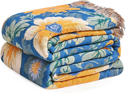 Boho Throw Blanket - 100% Cotton Soft Summer Throw Blanket for Bed, 50"x60" Reversible Breathable Lightweight Blankets, All Seasons Farmhouse Decor Floral Plant Butterfly Throw Quilt