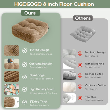 HIGOGOGO Floor Pillow Cushion for Adults, Meditation Cushion Pillow, Large Square Floor Sitting, Tufted Corduroy Cover, for Tatami Living Room or Yoga, 22x22 Inch, Dark Grey