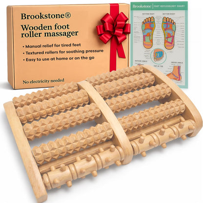 Foot Massager Roller Plantar Fasciitis Pain Relief - Wooden Under Desk Feet Massage - Dual Manual Heel Massagers - Wood Rolling Acupressure Tool with Reflexology Guide - Gift for Men, Women