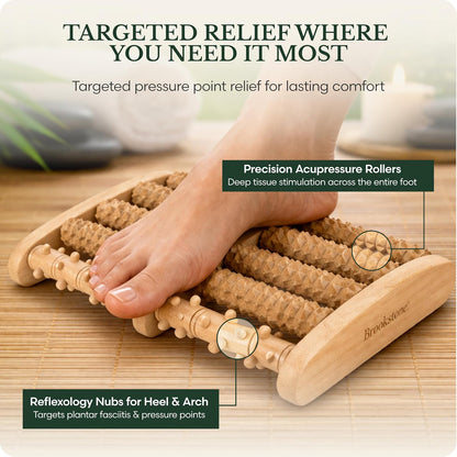 Foot Massager Roller Plantar Fasciitis Pain Relief - Wooden Under Desk Feet Massage - Dual Manual Heel Massagers - Wood Rolling Acupressure Tool with Reflexology Guide - Gift for Men, Women