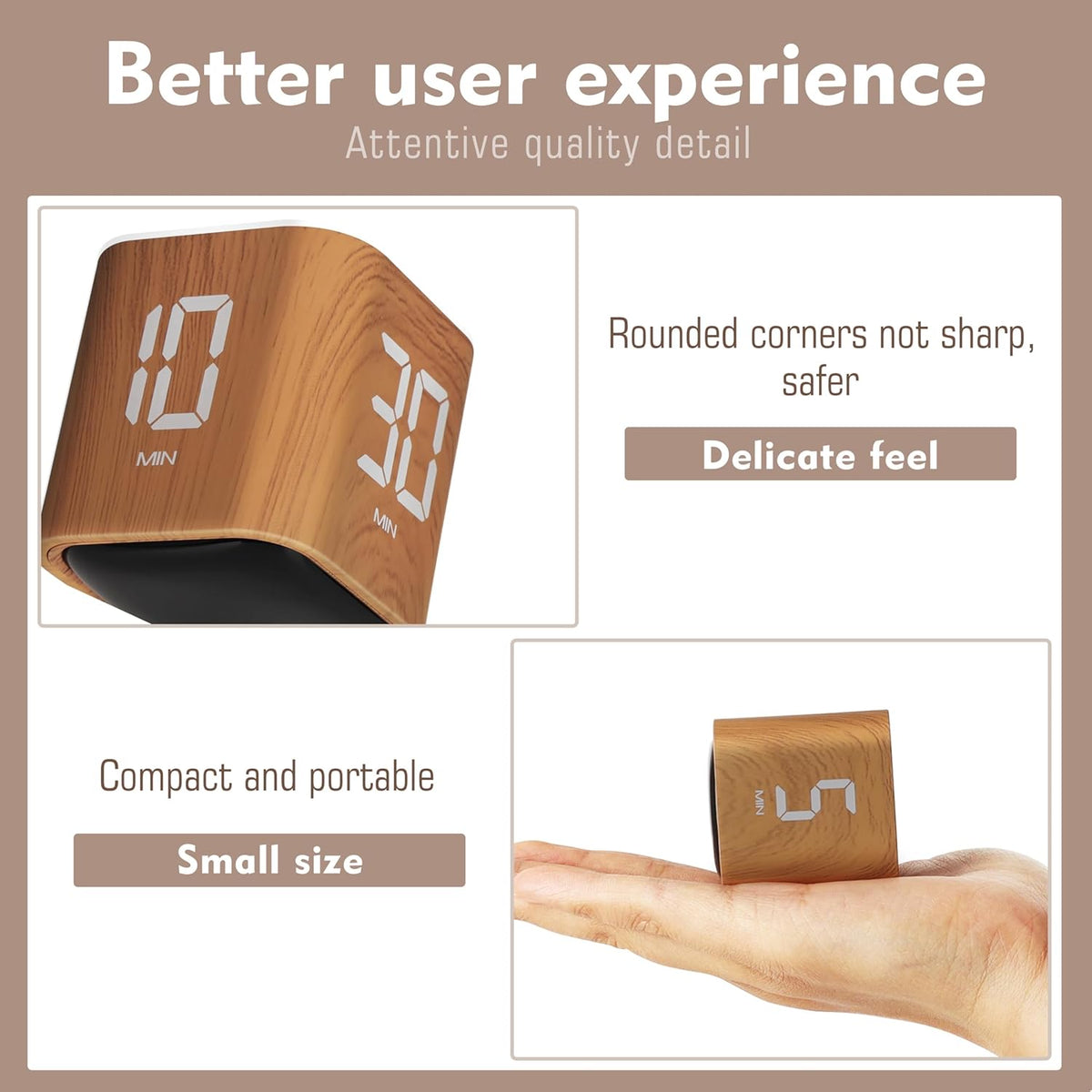 Productivity Cube Timer, Wood Grain Finish, 5/10/30/60 Min Presets