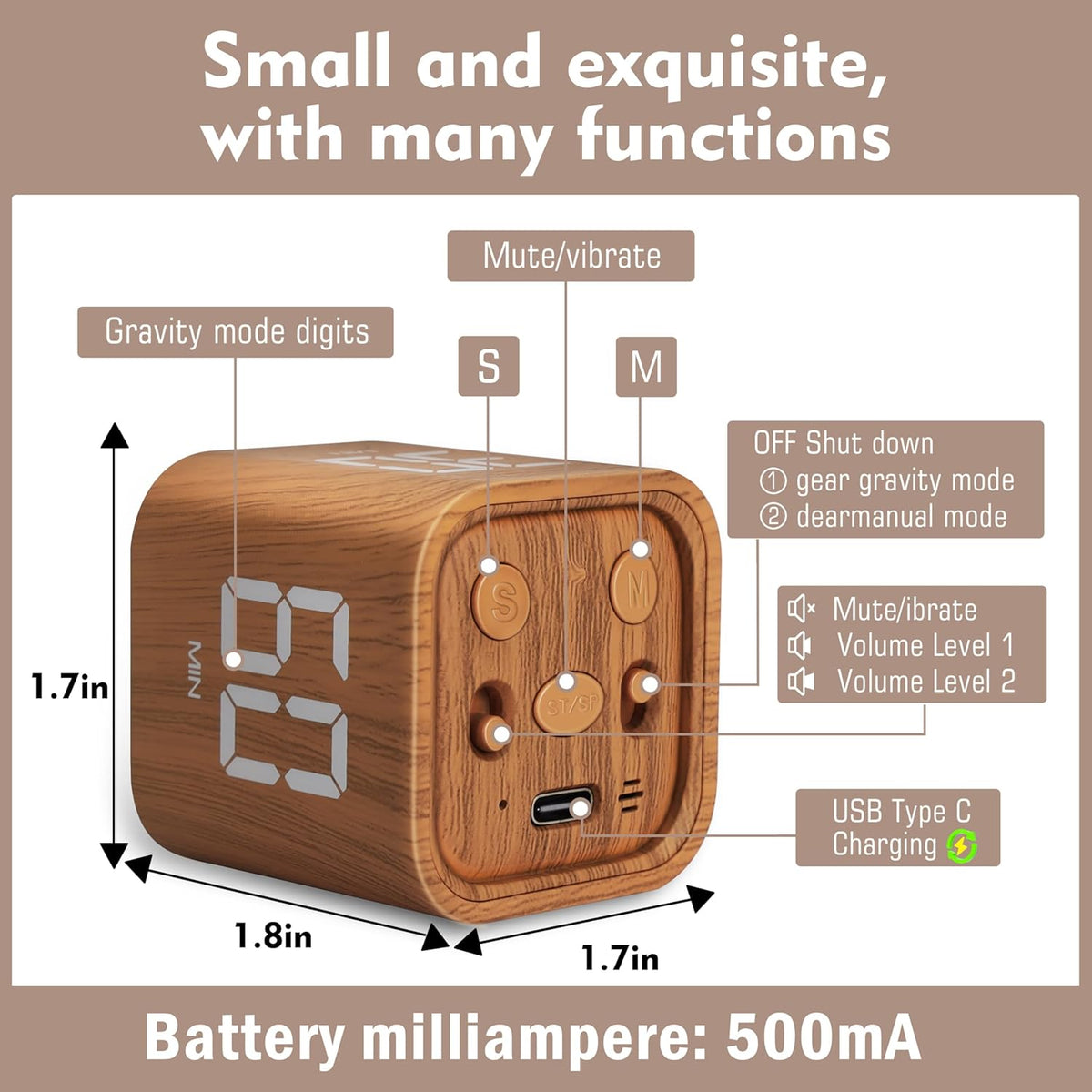 Productivity Cube Timer, Wood Grain Finish, 5/10/30/60 Min Presets