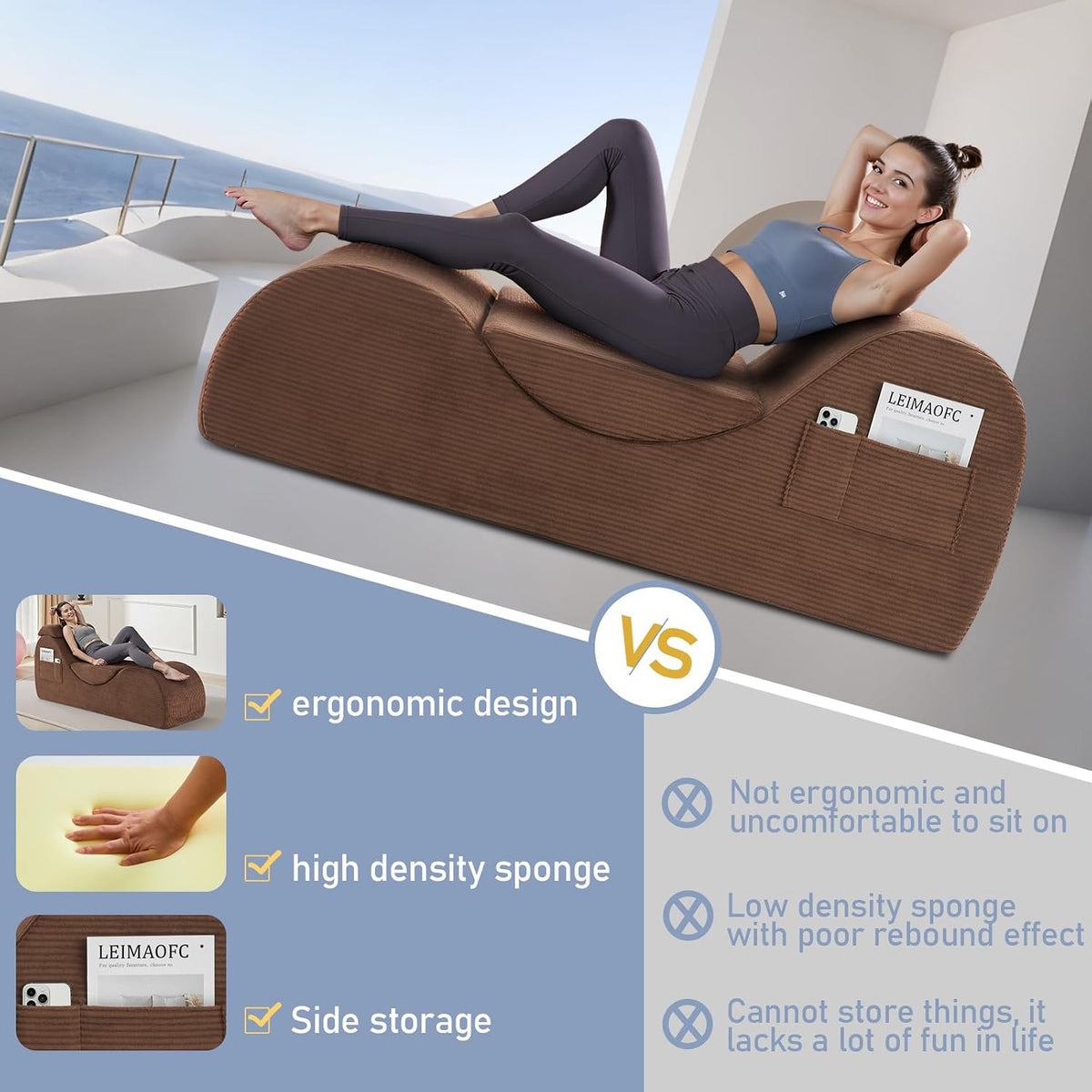 Yoga Chair Lounge for Adult, Ergonomic Chaise Lounge Chair with Side Pocket, Headrest, Waist Pad, Perfect for Stretching, Massage, and Relaxation, Used in Living Room, Bedroom（Black）
