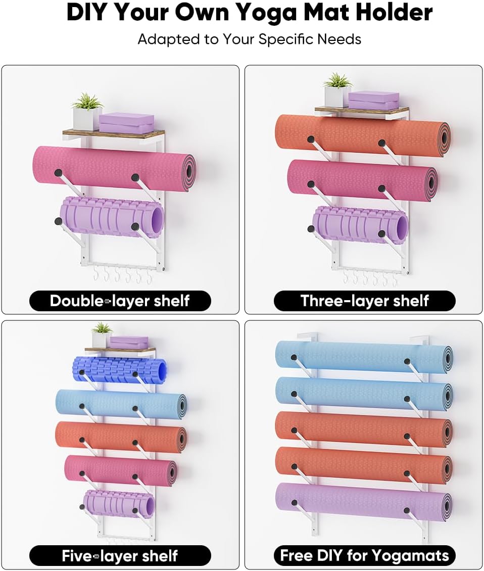 5 Tiers Yoga Mat Holder Rack Wall Mount with 6 Hooks for Hanging Accessory Yoga Strap Foam Rollers Resistance Bands, Yoga Mats Organizer with Floating Shelf for Home Gym Storage Fitness