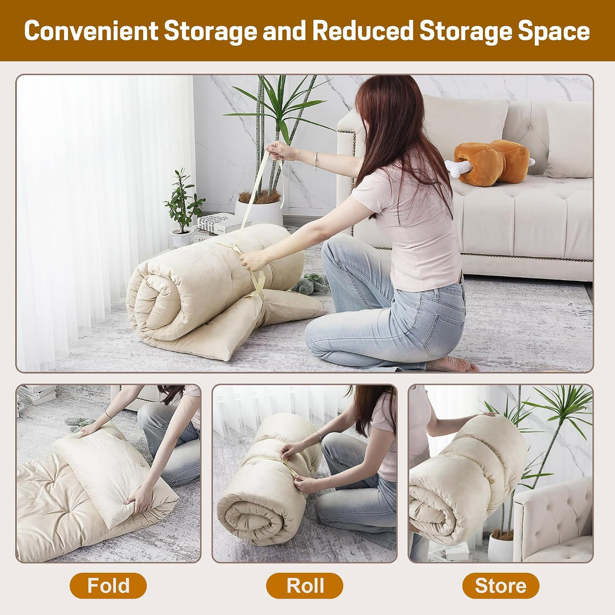 Floor Lounger Pillow,Foldable Light Thick Tufted Floor Pillow Cushion with Elasticized Webbing for Easy Storage Floor Lounger for Meditation, Playing, Yoga, Reading, Sleeping(Beige White)