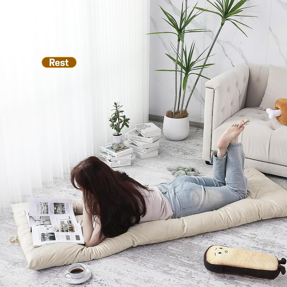 Floor Lounger Pillow,Foldable Light Thick Tufted Floor Pillow Cushion with Elasticized Webbing for Easy Storage Floor Lounger for Meditation, Playing, Yoga, Reading, Sleeping(Beige White)
