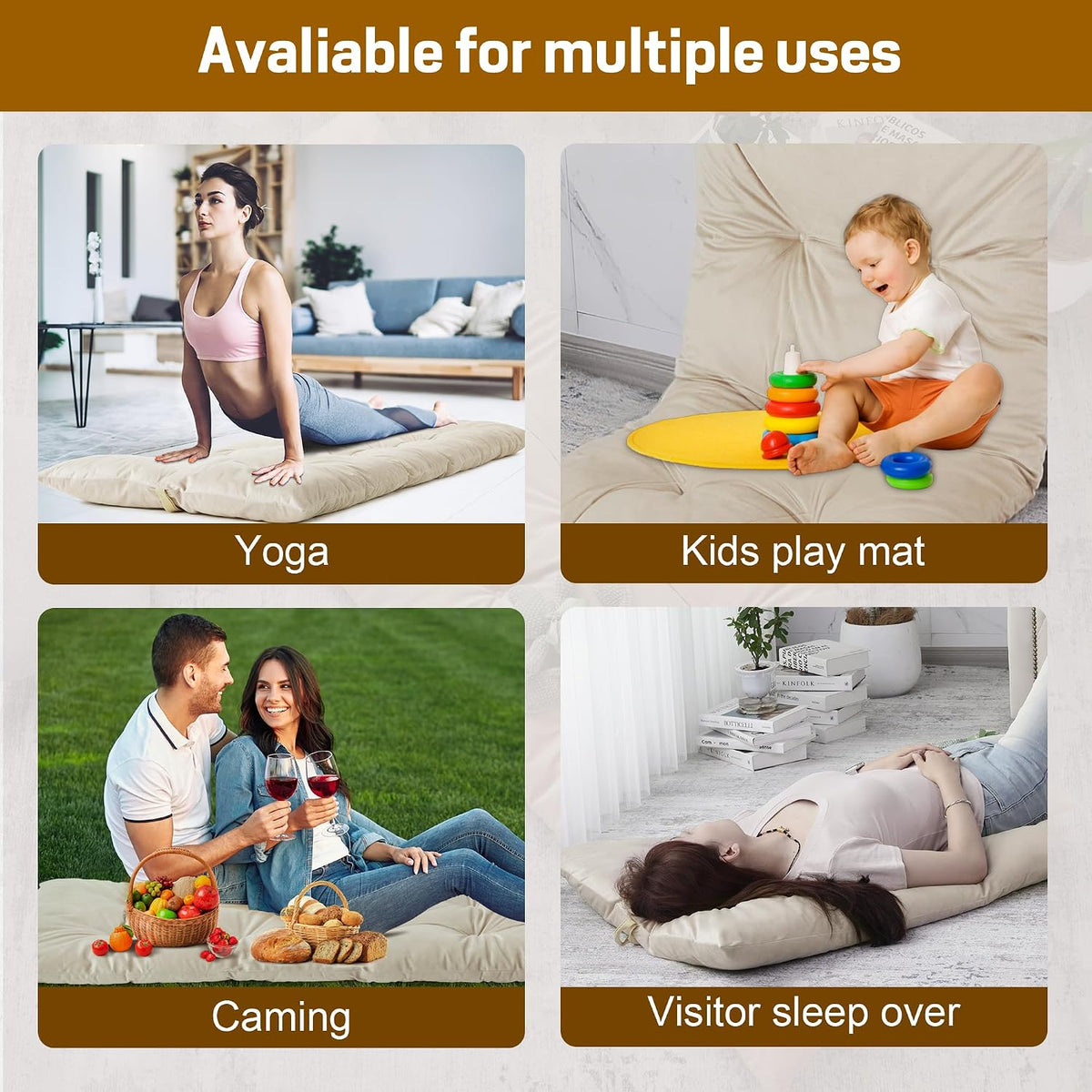 Floor Lounger Pillow,Foldable Light Thick Tufted Floor Pillow Cushion with Elasticized Webbing for Easy Storage Floor Lounger for Meditation, Playing, Yoga, Reading, Sleeping(Beige White)