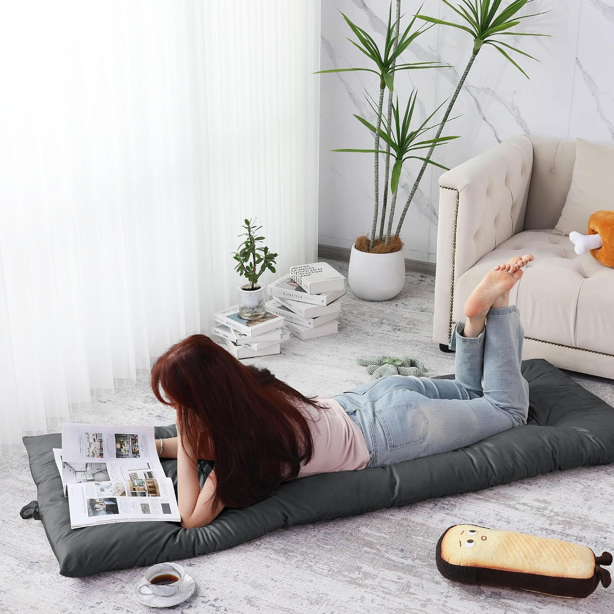 Floor Lounger Pillow,Foldable Light Thick Tufted Floor Pillow Cushion with Elasticized Webbing for Easy Storage Floor Lounger for Meditation, Playing, Yoga, Reading, Sleeping(Beige White)