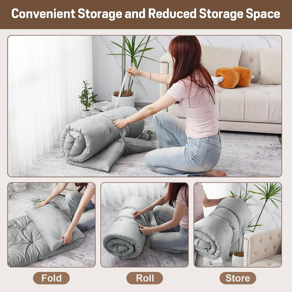 Floor Lounger Pillow,Foldable Light Thick Tufted Floor Pillow Cushion with Elasticized Webbing for Easy Storage Floor Lounger for Meditation, Playing, Yoga, Reading, Sleeping(Beige White)