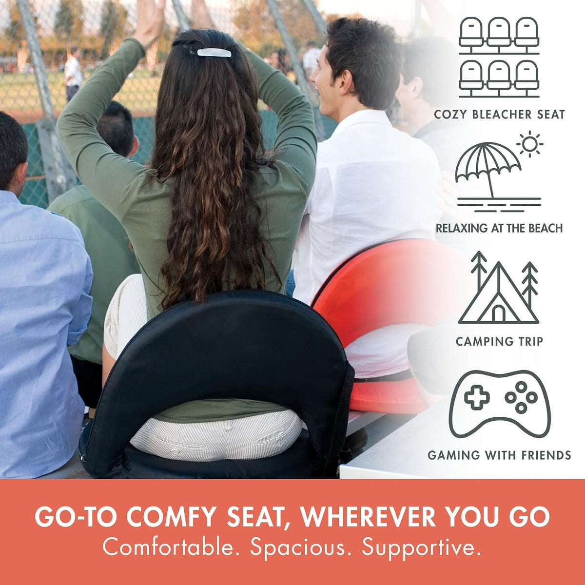 PICNIC TIME Oniva Portable Reclining Stadium Seat with Back Support, Folding Bleacher Chairs with Back and Cushion, Thick Padded Bench Seat and Armrest, Includes Six Backrest Positions