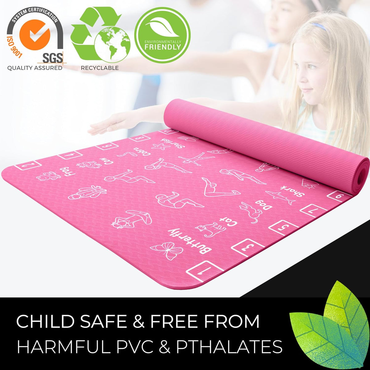 Kids Yoga Mat - Non-Slip Lightweight TPE Exercise Mat - Ideal for Boys & Girls (Ages 3-12), Toddlers & Children in Kindergarten, Preschool, School. PVC Free. 6mm Thick. Carry Strap