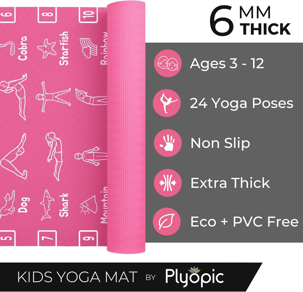 Kids Yoga Mat - Non-Slip Lightweight TPE Exercise Mat - Ideal for Boys & Girls (Ages 3-12), Toddlers & Children in Kindergarten, Preschool, School. PVC Free. 6mm Thick. Carry Strap