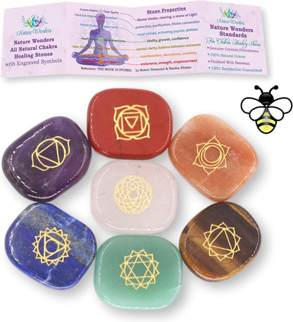 All Natural Chakra Stone Set with Information Brochure & Travel Pouch - Healing Crystals, Polished Palm Stone, Meditation, Reiki, Energy