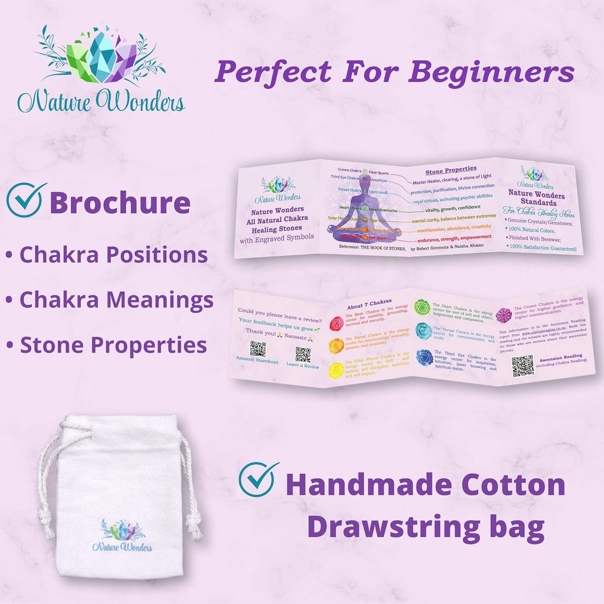 All Natural Chakra Stone Set with Information Brochure & Travel Pouch - Healing Crystals, Polished Palm Stone, Meditation, Reiki, Energy