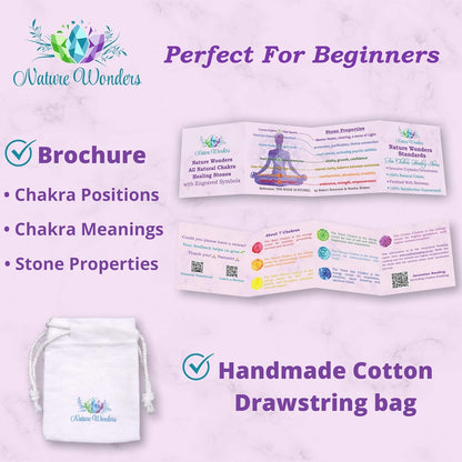 All Natural Chakra Stone Set with Information Brochure & Travel Pouch - Healing Crystals, Polished Palm Stone, Meditation, Reiki, Energy