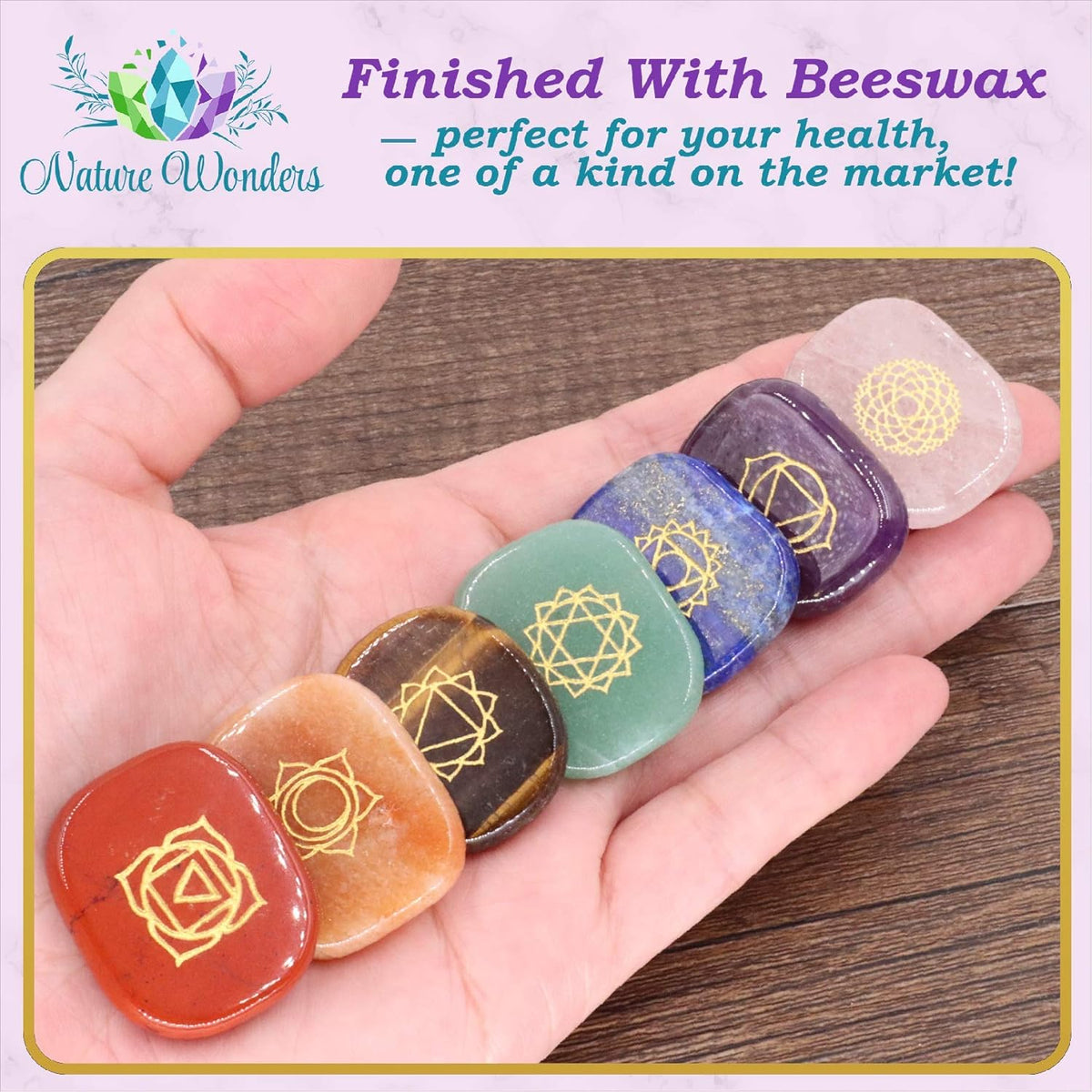 All Natural Chakra Stone Set with Information Brochure & Travel Pouch - Healing Crystals, Polished Palm Stone, Meditation, Reiki, Energy