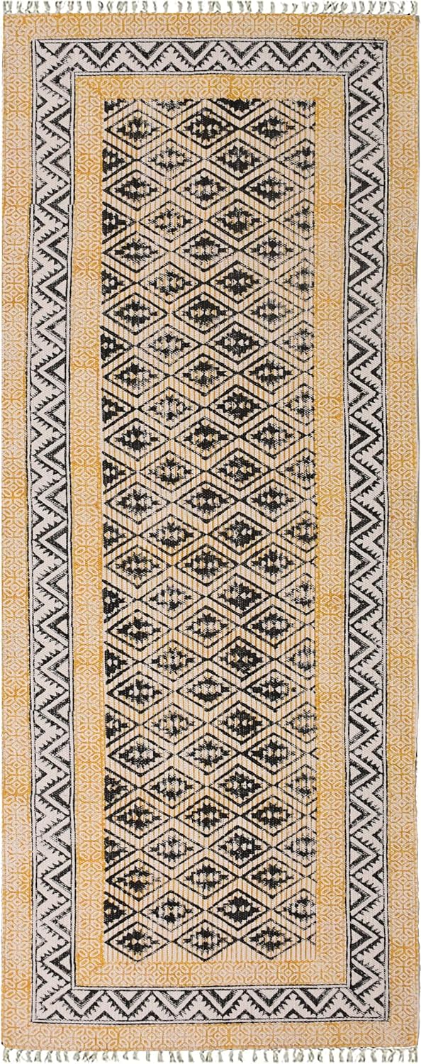 2x6 Ft Geometric Pattern Indian Handmade Cotton Runner Extra Large Hand Woven Flat Weave Yellow Black High Traffic Area Indian Yoga Mat Runner Low Pile Indoor Outdoor Use Rug - Colors A