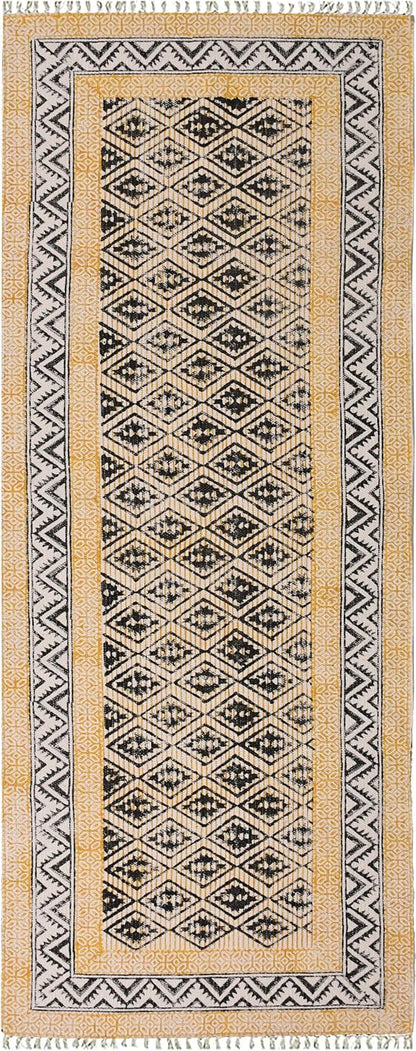 2x6 Ft Geometric Pattern Indian Handmade Cotton Runner Extra Large Hand Woven Flat Weave Yellow Black High Traffic Area Indian Yoga Mat Runner Low Pile Indoor Outdoor Use Rug - Colors A