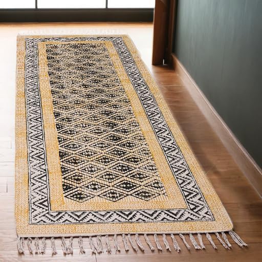 2x6 Ft Geometric Pattern Indian Handmade Cotton Runner Extra Large Hand Woven Flat Weave Yellow Black High Traffic Area Indian Yoga Mat Runner Low Pile Indoor Outdoor Use Rug - Colors A
