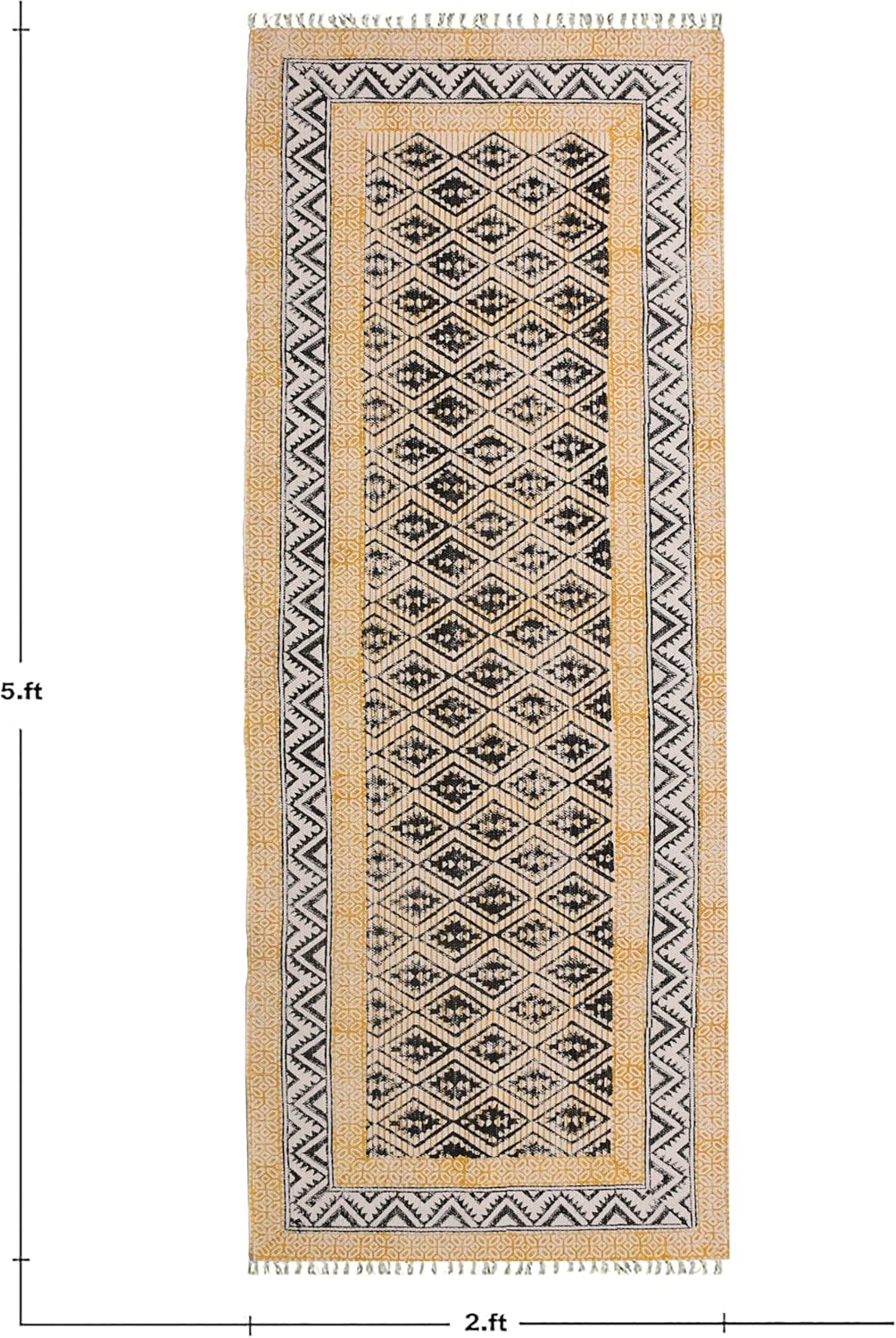 2x6 Ft Geometric Pattern Indian Handmade Cotton Runner Extra Large Hand Woven Flat Weave Yellow Black High Traffic Area Indian Yoga Mat Runner Low Pile Indoor Outdoor Use Rug - Colors A