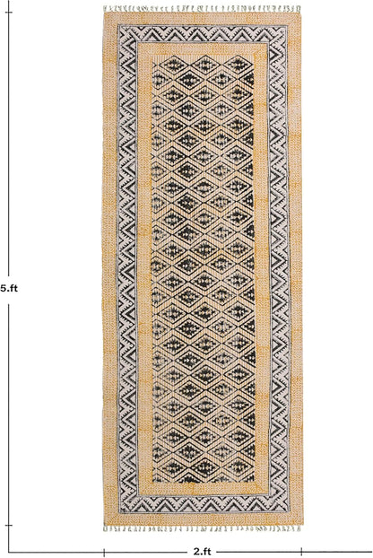 2x6 Ft Geometric Pattern Indian Handmade Cotton Runner Extra Large Hand Woven Flat Weave Yellow Black High Traffic Area Indian Yoga Mat Runner Low Pile Indoor Outdoor Use Rug - Colors A