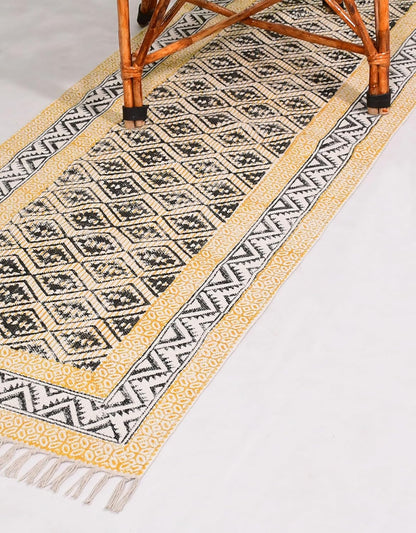 2x6 Ft Geometric Pattern Indian Handmade Cotton Runner Extra Large Hand Woven Flat Weave Yellow Black High Traffic Area Indian Yoga Mat Runner Low Pile Indoor Outdoor Use Rug - Colors A