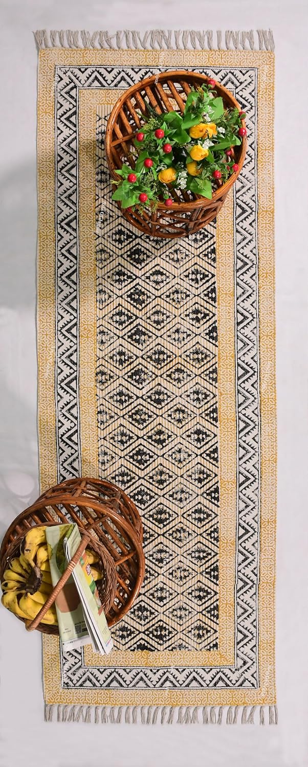 2x6 Ft Geometric Pattern Indian Handmade Cotton Runner Extra Large Hand Woven Flat Weave Yellow Black High Traffic Area Indian Yoga Mat Runner Low Pile Indoor Outdoor Use Rug - Colors A