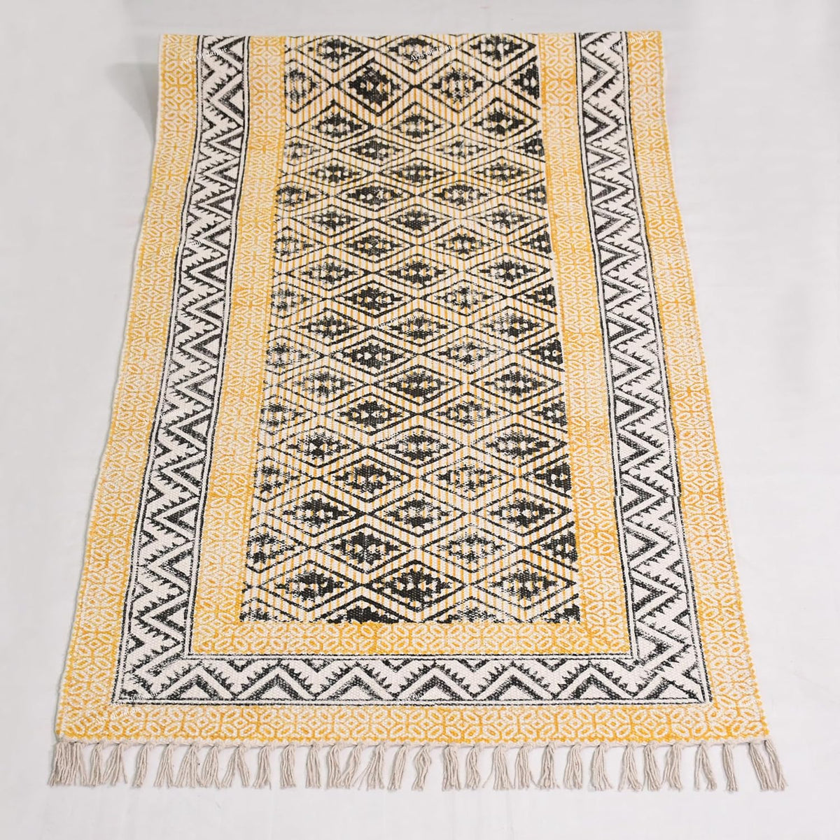 2x6 Ft Geometric Pattern Indian Handmade Cotton Runner Extra Large Hand Woven Flat Weave Yellow Black High Traffic Area Indian Yoga Mat Runner Low Pile Indoor Outdoor Use Rug - Colors A