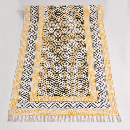 2x6 Ft Geometric Pattern Indian Handmade Cotton Runner Extra Large Hand Woven Flat Weave Yellow Black High Traffic Area Indian Yoga Mat Runner Low Pile Indoor Outdoor Use Rug - Colors A
