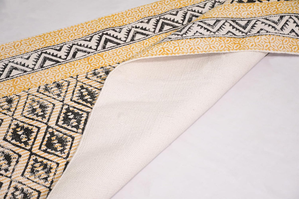 2x6 Ft Geometric Pattern Indian Handmade Cotton Runner Extra Large Hand Woven Flat Weave Yellow Black High Traffic Area Indian Yoga Mat Runner Low Pile Indoor Outdoor Use Rug - Colors A