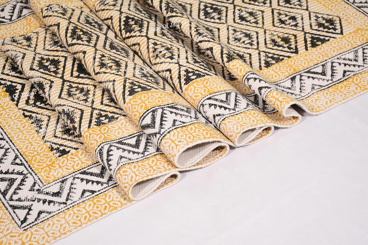 2x6 Ft Geometric Pattern Indian Handmade Cotton Runner Extra Large Hand Woven Flat Weave Yellow Black High Traffic Area Indian Yoga Mat Runner Low Pile Indoor Outdoor Use Rug - Colors A