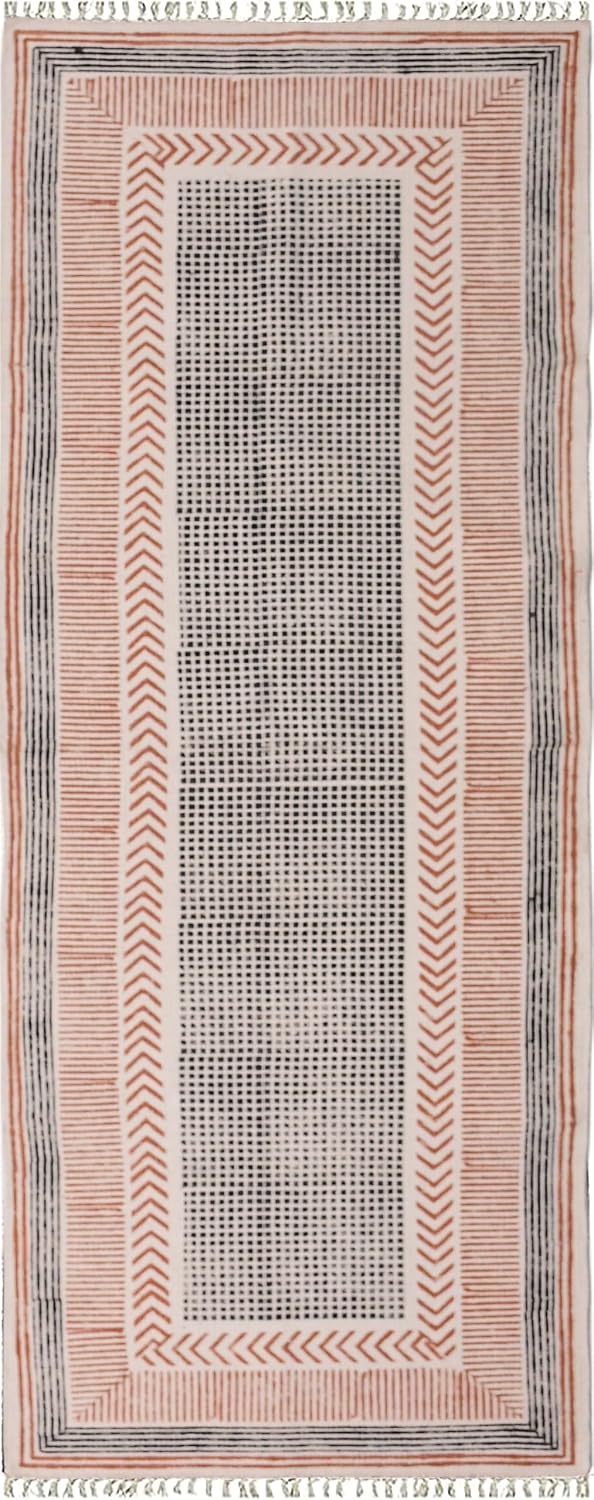 2x6 Ft Geometric Pattern Indian Handmade Cotton Runner Extra Large Hand Woven Flat Weave Yellow Black High Traffic Area Indian Yoga Mat Runner Low Pile Indoor Outdoor Use Rug - Colors A